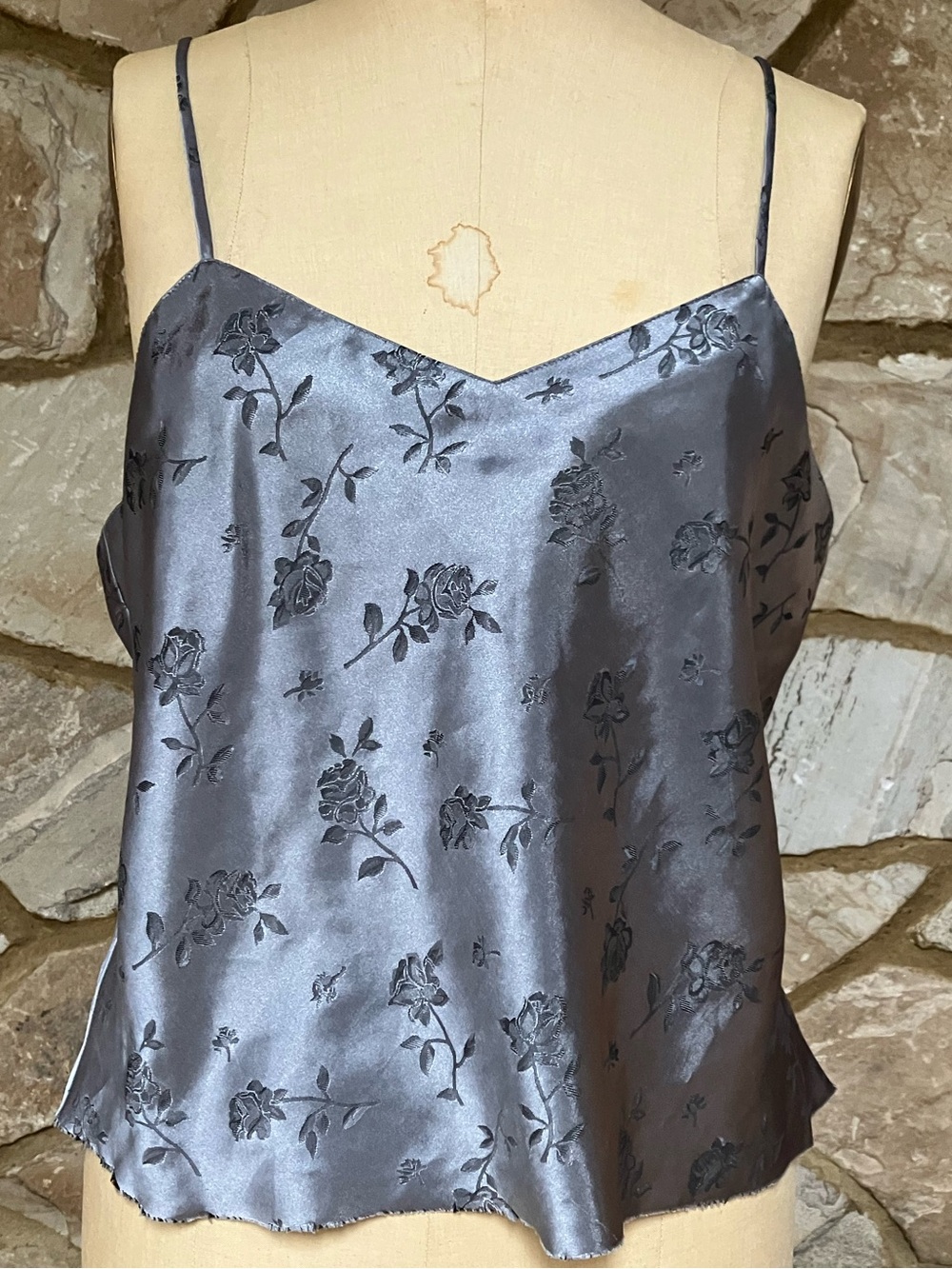 Delicate Treasures Lingerie Satin Floral Embroidered Cami Tank - Steel Gray
